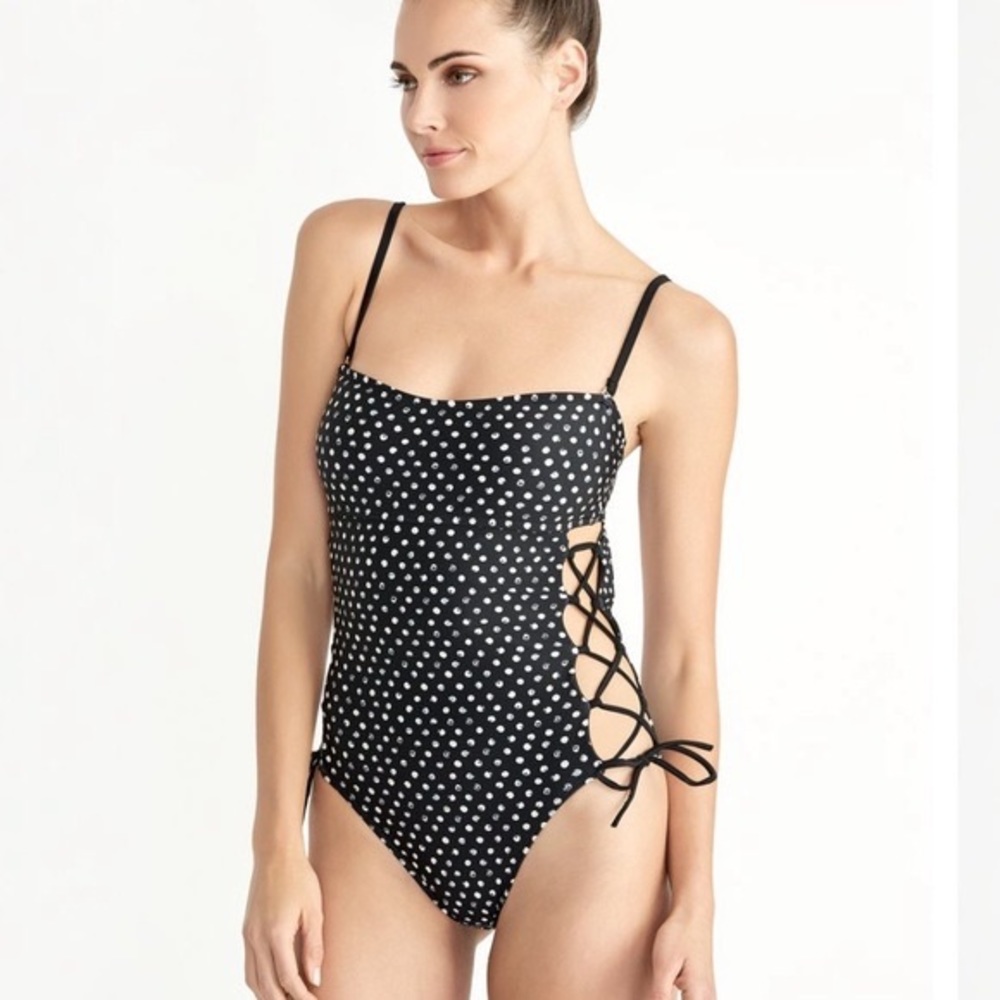 NEW‼️Rachel Roy Classic Black/White Polka Side Lace Up Swimsuit Size M
